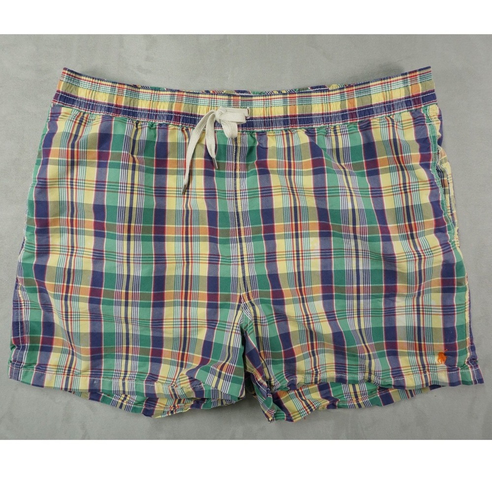 Polo Ralph Lauren Swim Trunks Mens XL Yellow Plaid Check Retro Board Shorts 90s